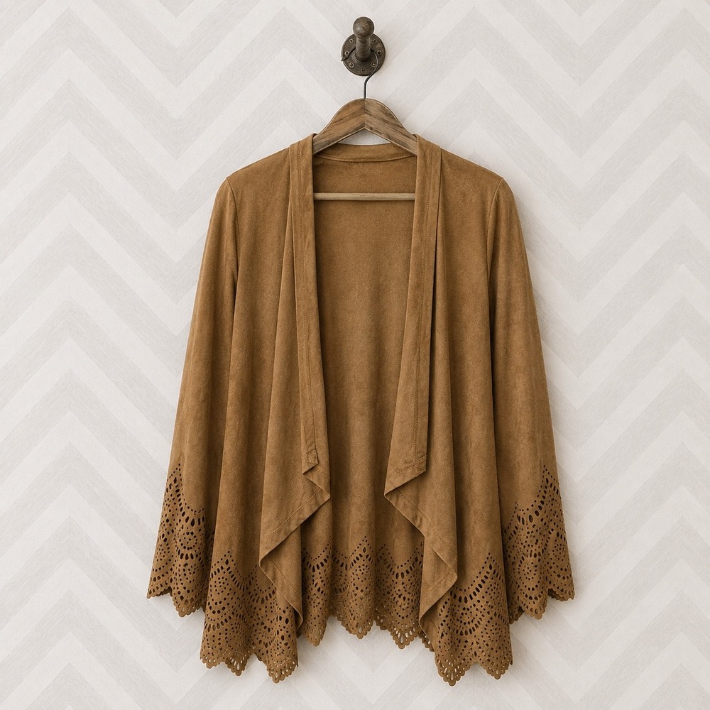Krazy Kat Faux Suede Laser Cut Eyelet Draped Cardigan XL Brown NWOT